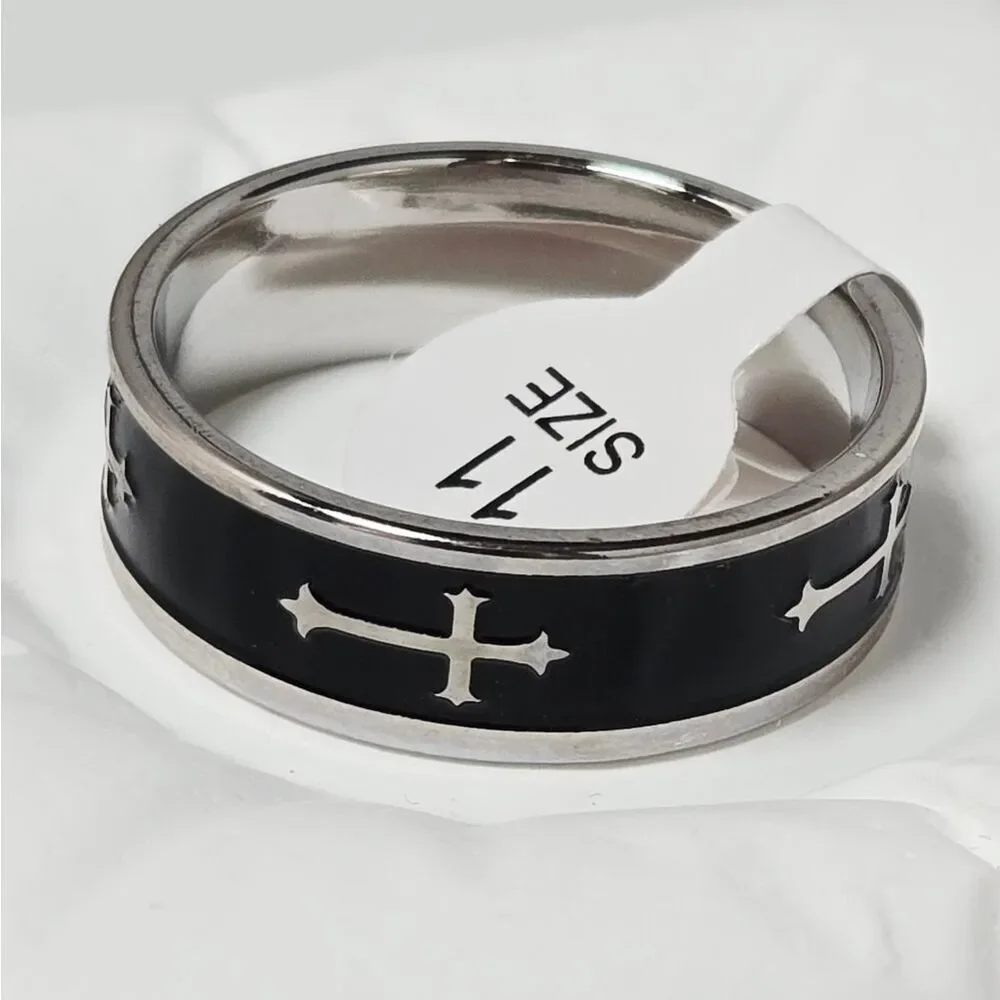Men’s Blackened Cross Ring Stainless Steel Western Minimal 8mm Band Size 11